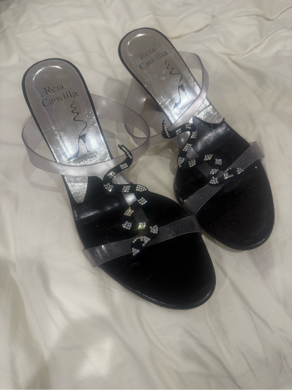 Rene Caovilla Black Crystal-Embellished Slide Sandals with Clear Straps